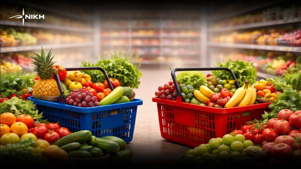 Η Κύπρος μηδενίζει τον ΦΠΑ – Η Ελλάδα στραγγαλίζει τα νοικοκυριά με 13% στα τρόφιμα Ράφι σούπερ μάρκετ με φρούτα και λαχανικά και γραφικό σύγκρισης ΦΠΑ Ελλάδας 13% και Κύπρου 0%, που απεικονίζει τη φορολογική επιβάρυνση στα βασικά αγαθά