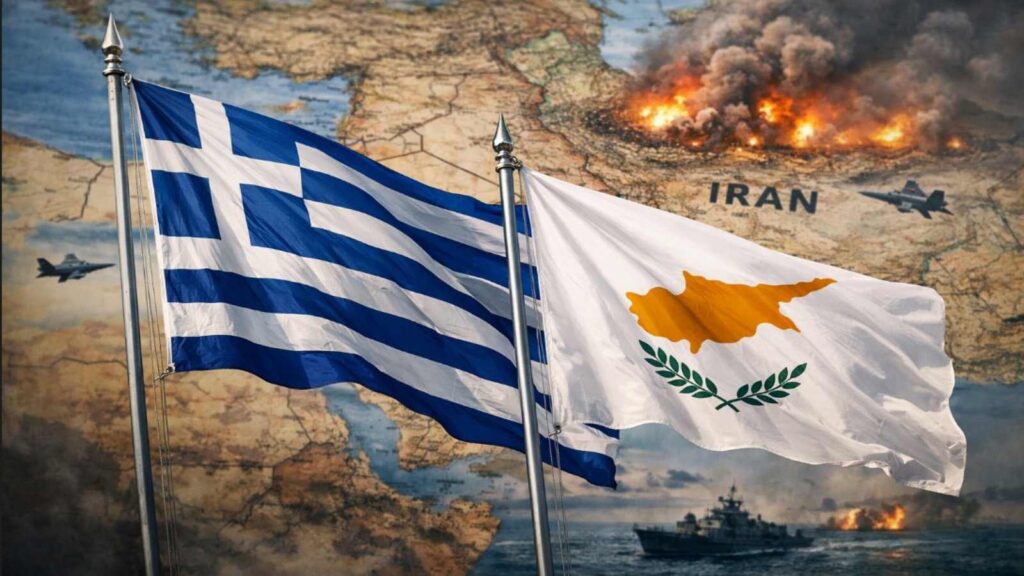 Η θέση της ΝΙΚΗΣ για τον πόλεμο στο Ιράν Ιράν - Σημαίες Ελλάδας και Κύπρου με φόντο χάρτη της Μέσης Ανατολής, συμβολίζοντας ανησυχία για την κλιμάκωση στο Ιράν και τις γεωπολιτικές επιπτώσεις σε Κύπρο και ελληνική ασφάλεια