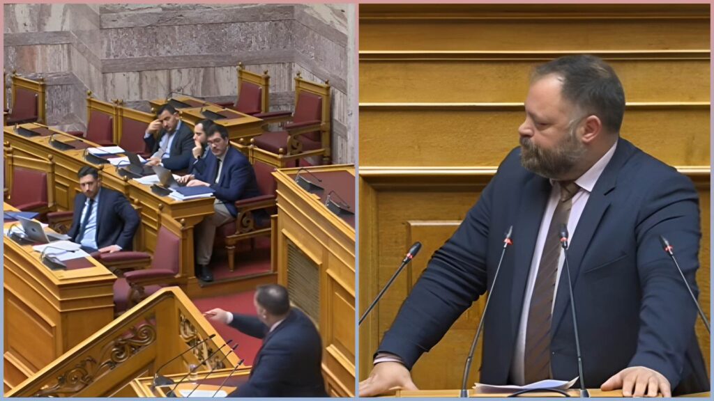 Ο βουλευτής Αχαΐας της ΝΙΚΗΣ Σπυρίδων Τσιρώνης μιλά από το βήμα της Ολομέλειας της Βουλής, ασκώντας σκληρή κριτική στην κυβέρνηση για το νομοσχέδιο των Μεταφορών