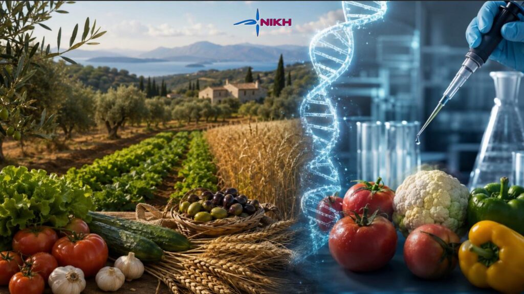 Καλλιεργήσιμη γη με στάχυα και εργαστηριακή απεικόνιση γονιδιακής παρέμβασης, με φόντο την ελληνική και την ευρωπαϊκή σημαία