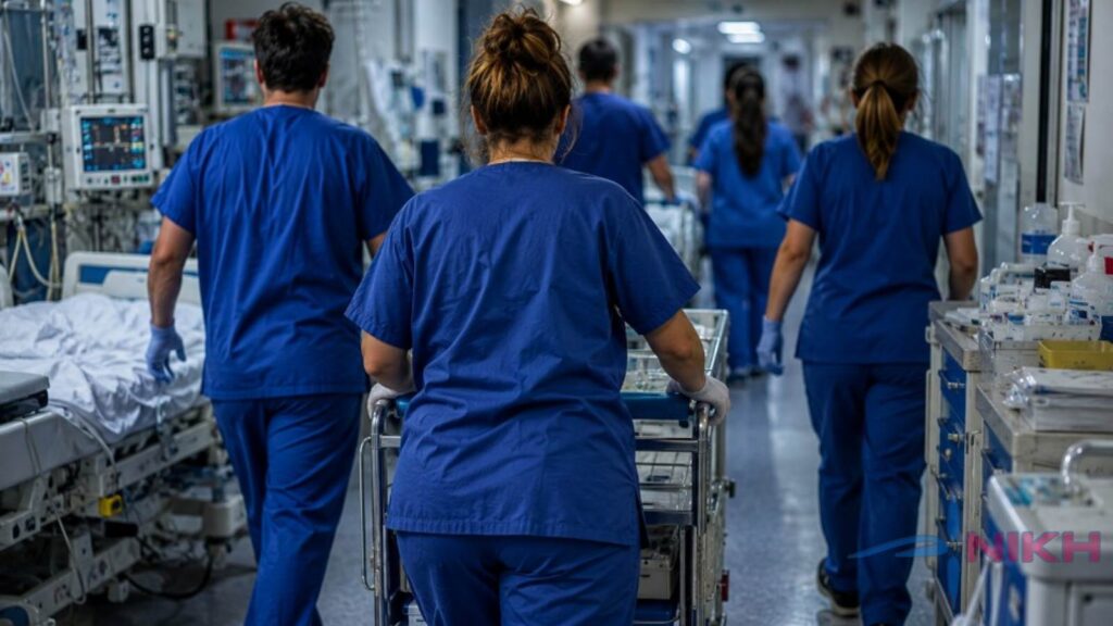 Νοσηλευτές σε δημόσιο νοσοκομείο, σε συνθήκες έντονης εργασιακής πίεσης, με τη ΝΙΚΗ να ζητά ένταξη στα Βαρέα και Ανθυγιεινά, προσλήψεις και ουσιαστική στήριξη του ΕΣΥ.
