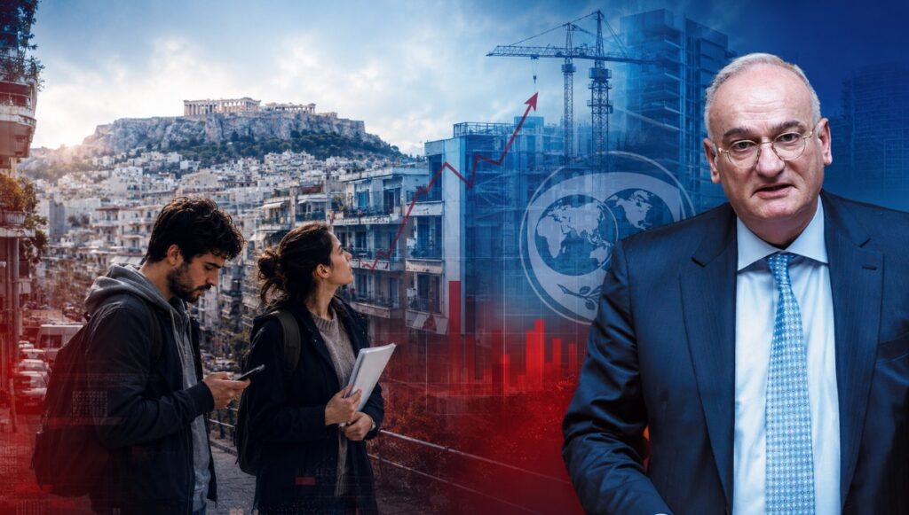 ΔΝΤ - Πολυκατοικίες σε ελληνική πόλη με νέους ανθρώπους να αναζητούν κατοικία, συμβολίζοντας τη στεγαστική κρίση και την αύξηση των ενοικίων