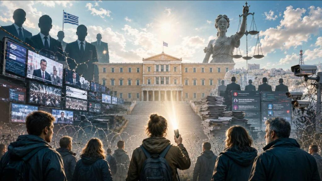 Ο ήπιος αυταρχισμός και η καταστροφή της εμπιστοσύνης Εικόνα πολιτικού συμβολισμού για τον ήπιο αυταρχισμό, με πολίτες απέναντι σε θεσμικά κτίρια, μέσα ενημέρωσης, μηχανισμούς παρακολούθησης και σύμβολα δικαιοσύνης, σε φωτεινό αλλά φορτισμένο περιβάλλον που αναδεικνύει την ανάγκη αλήθειας και ελευθερίας