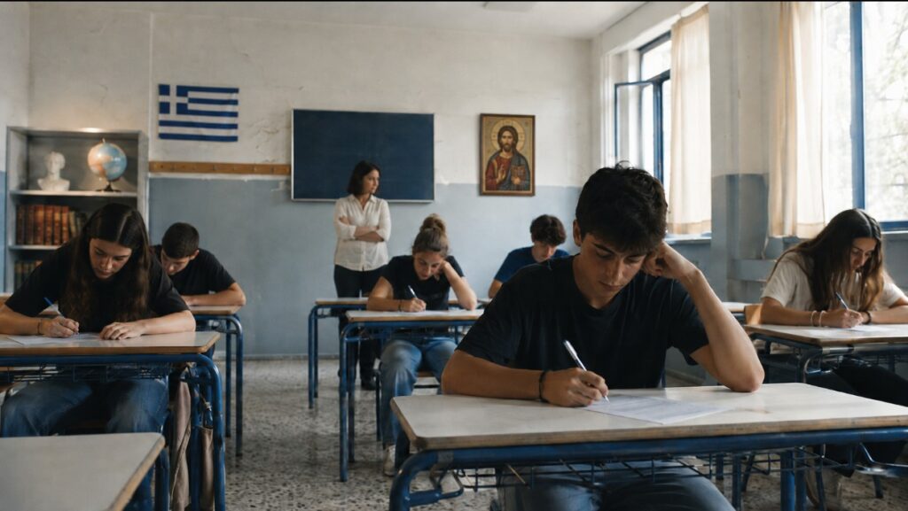 Μαθητές σε σχολική αίθουσα γράφουν εξετάσεις, συμβολίζοντας την κρίση της ελληνικής Παιδείας και την ανάγκη επιστροφής στη γλώσσα, τη γνώση και τις αξίες