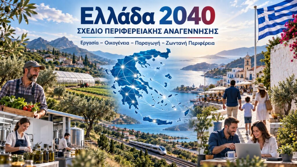 Ελλάδα 2040: Το σχέδιο της ΝΙΚΗΣ για την Περιφερειακή Αναγέννηση Το σχέδιο Ελλάδα 2040 της ΝΙΚΗΣ για εργασία, οικογένεια, παραγωγή και αναγέννηση της ελληνικής Περιφέρειας