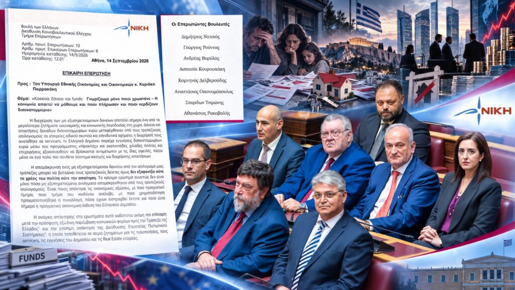 Η ΝΙΚΗ ζητά τον πλήρη οικονομικό λογαριασμό των κόκκινων δανείων, των funds, των servicers και των κρατικών εγγυήσεων του «Ηρακλή» Οι οκτώ βουλευτές της ΝΙΚΗΣ ζητούν διαφάνεια για τα τιμήματα των funds, τις εισπράξεις των servicers και τις κρατικές εγγυήσεις
