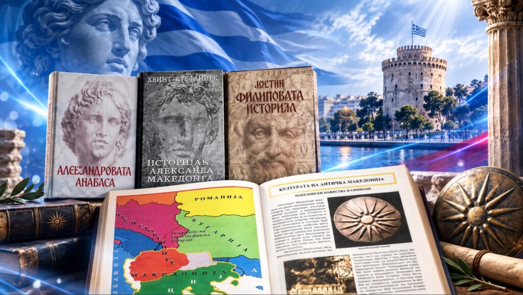 Από τον Αλέξανδρο στην «Αιγαιακή Μακεδονία»: Τι διδάσκουν τα σχολικά βιβλία των Σκοπίων Σχολικά βιβλία των Σκοπίων με αναφορές στον Μέγα Αλέξανδρο, τον Φίλιππο Β΄ και την «Αιγαιακή Μακεδονία»