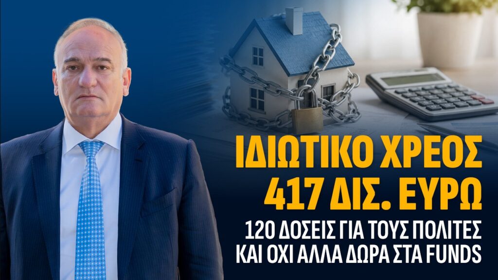 ιδιωτικό χρέος, Ανδρέας Βορύλλας, ΝΙΚΗ, 120 δόσεις, κόκκινα δάνεια, funds, servicers, ΑΑΔΕ, ΕΦΚΑ, πλειστηριασμοί, κύρια κατοικία, εξωδικαστικός μηχανισμός