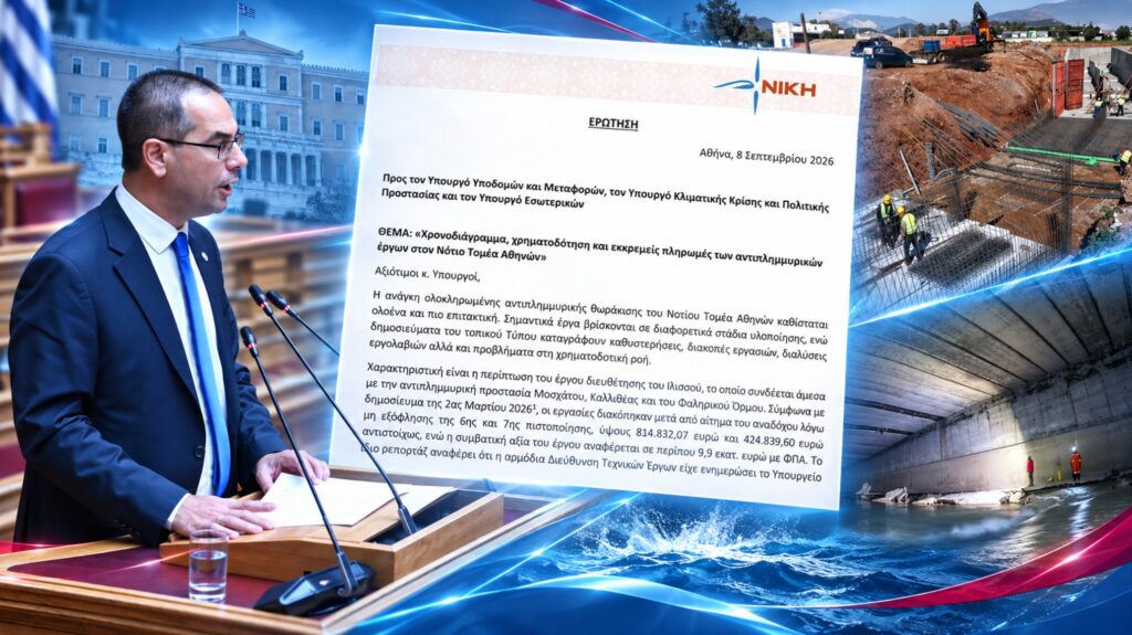 Ρούντας: «Αντιπλημμυρικά έργα με παρατάσεις, απλήρωτες πιστοποιήσεις και διαλυμένες εργολαβίες στον Νότιο Τομέα Αθηνών» Γεώργιος Ρούντας – Κοινοβουλευτική Ερώτηση για καθυστερήσεις, χρηματοδότηση και εκκρεμείς πληρωμές αντιπλημμυρικών έργων στον Νότιο Τομέα Αθηνών