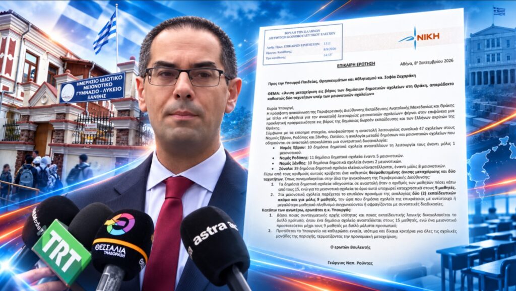 Ρούντας: «Ποιο σχέδιο κρύβεται πίσω από το κλείσιμο 39 δημόσιων σχολείων στη Θράκη, την ώρα που μειονοτικά λειτουργούν με 9 μαθητές και δύο εκπαιδευτικούς;» Ο Γεώργιος Ρούντας παρεμβαίνει στη Βουλή για τα διαφορετικά όρια λειτουργίας δημόσιων και μειονοτικών σχολείων στη Θράκη