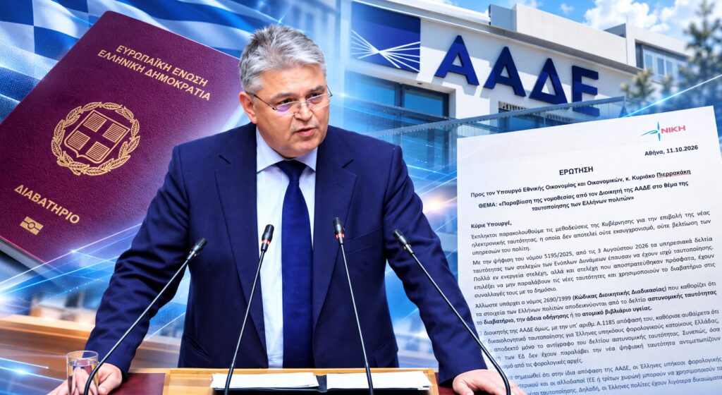 Δημήτρης Νατσιός – Κοινοβουλευτική Ερώτηση του Προέδρου της ΝΙΚΗΣ για την απόφαση Α.1185/2023 της ΑΑΔΕ, τον αποκλεισμό του ελληνικού διαβατηρίου από τη διαδικασία απόδοσης ΑΦΜ και κλειδαρίθμου και τα δικαιώματα ταυτοποίησης των Ελλήνων πολιτών