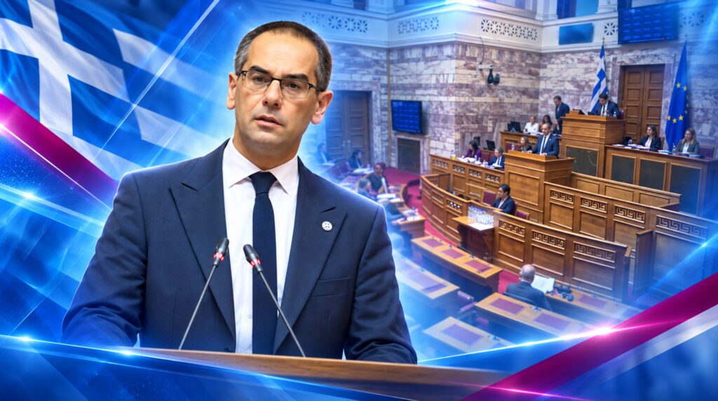 Ο βουλευτής Λαρίσης της ΝΙΚΗΣ Γεώργιος Ρούντας στη Βουλή κατά τη συζήτηση του νομοσχεδίου για την εξωδικαστική επίλυση διαφορών