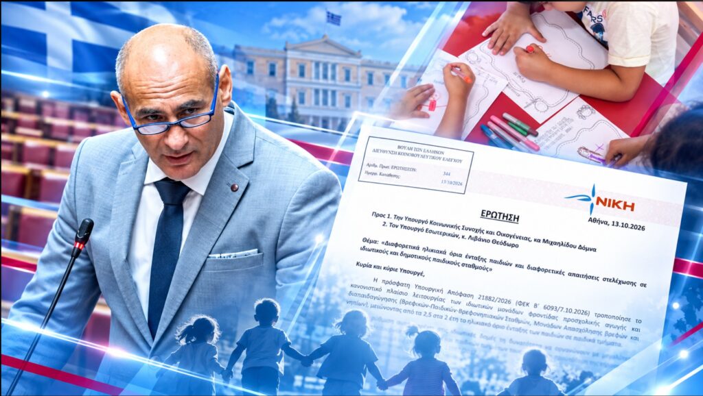 Κομνηνός Δελβερούδης, βουλευτής Πιερίας της ΝΙΚΗΣ – Κοινοβουλευτική Ερώτηση για τις ανισότητες στα ηλικιακά όρια και στη στελέχωση ιδιωτικών και δημοτικών παιδικών σταθμών