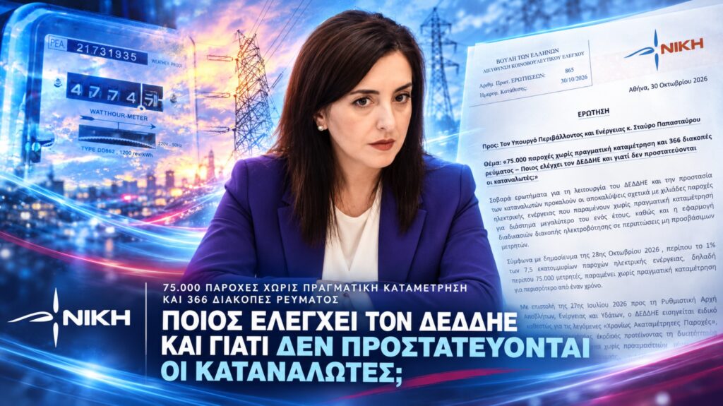 Κουρουπάκη: «Ο ΔΕΔΔΗΕ κόβει το ρεύμα και ζητά να χρεώνει τους πολίτες χωρίς πραγματική καταμέτρηση – Ποιος τον ελέγχει;» Ασπασία Κουρουπάκη, βουλευτής της ΝΙΚΗΣ, με κοινοβουλευτική Ερώτηση για τις 75.000 ακαταμέτρητες παροχές του ΔΕΔΔΗΕ, τις 366 διακοπές ρεύματος και την προστασία των καταναλωτών