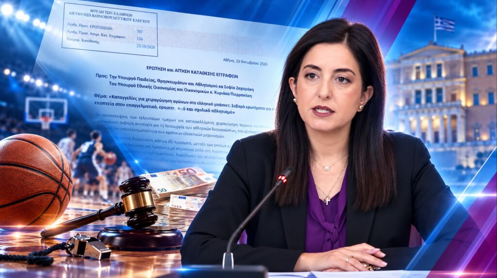 Κουρουπάκη για τις καταγγελίες στο μπάσκετ: «Τι γνώριζε η κυβέρνηση και γιατί δεν λειτούργησαν νωρίτερα οι έλεγχοι;» Η Ασπασία Κουρουπάκη ζητά έγγραφα και εξηγήσεις για τις καταγγελίες χειραγώγησης αγώνων στο μπάσκετ, τους ελέγχους στην ΕΟΚ και τα σχολικά πρωταθλήματα