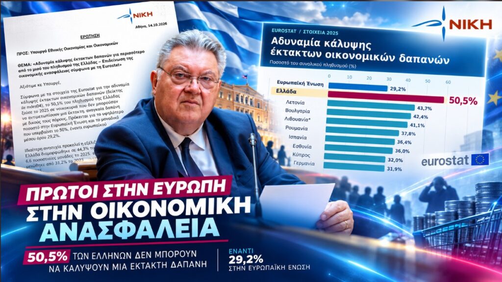 Με την Ελλάδα να καταγράφει τη χειρότερη επίδοση στην ΕΕ, ο Τάσος Οικονομόπουλος ζητά εξηγήσεις για την οικονομική ανασφάλεια των νοικοκυριών και συγκεκριμένα μέτρα ενίσχυσης του διαθέσιμου εισοδήματος