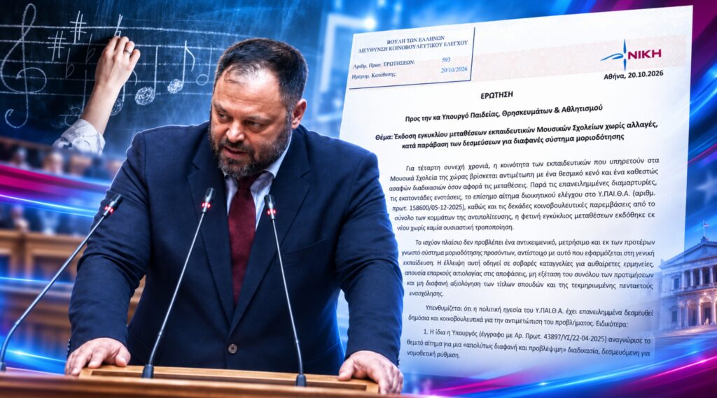 Σπύρος Τσιρώνης, βουλευτής Αχαΐας της ΝΙΚΗΣ, με κοινοβουλευτική Ερώτηση για τη διαφάνεια και τη μοριοδότηση στις μεταθέσεις εκπαιδευτικών Μουσικών Σχολείων